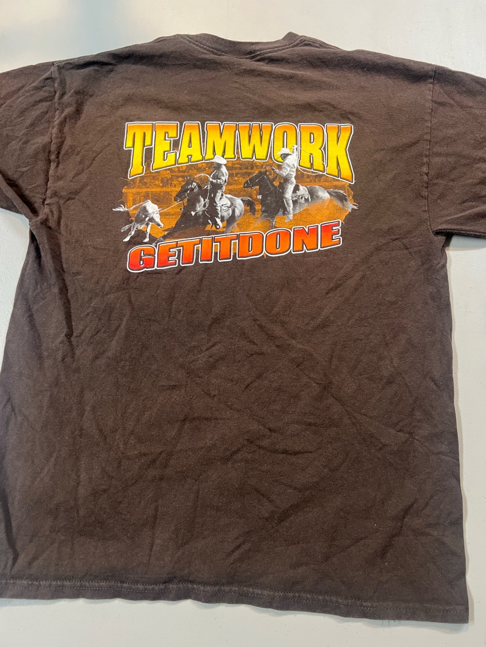 Cowboy Brand Teamwork Gets It Done Graphic T Shirt Brown Rodeo Western Size L